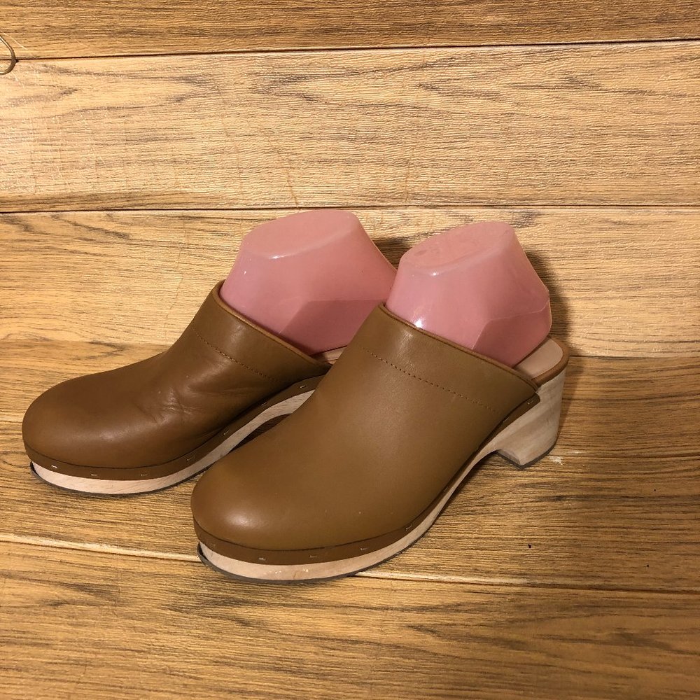 Loft Leather Wooden Swedish Style Clogs Shoes, Size 8 with small defects